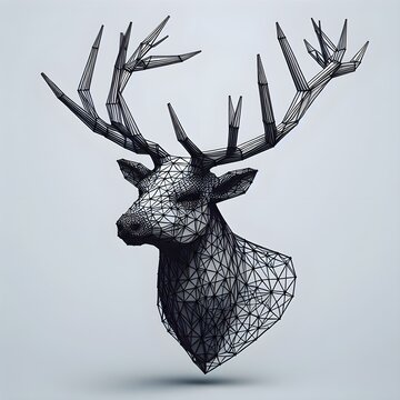 A stag head in realistic proportions constructed of black geometric lines.
