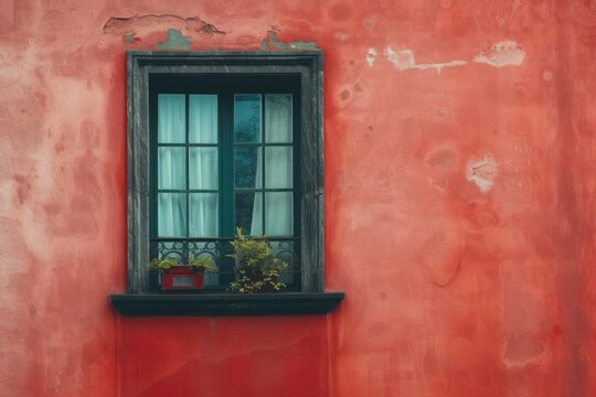 A picture of a red wall with a window and a plant in a pot. Suitable for home decor or interior design concepts