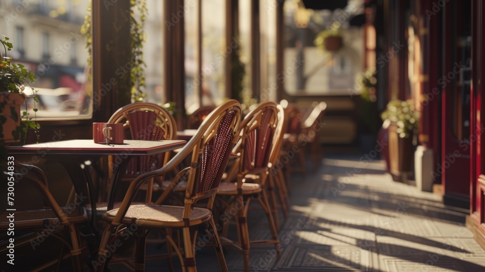 Aufkleber A row of tables and chairs placed in front of a window. Suitable for various indoor settings