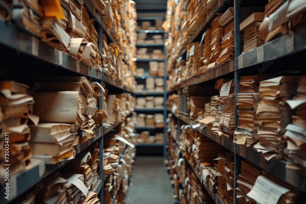 Poster A warehouse filled with neatly stacked papers on shelves. Perfect for illustrating organization and storage.