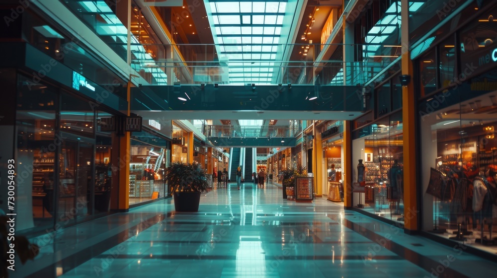 Wall mural A bustling shopping mall filled with people. This image can be used to depict a busy shopping environment