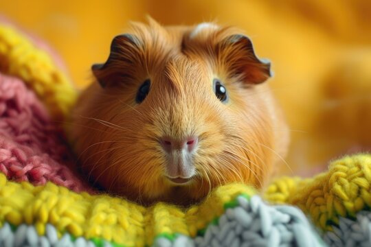 A small guinea pig is pictured lying on top of a blanket. This image can be used to depict a cute and cuddly pet or to illustrate the concept of relaxation and comfort