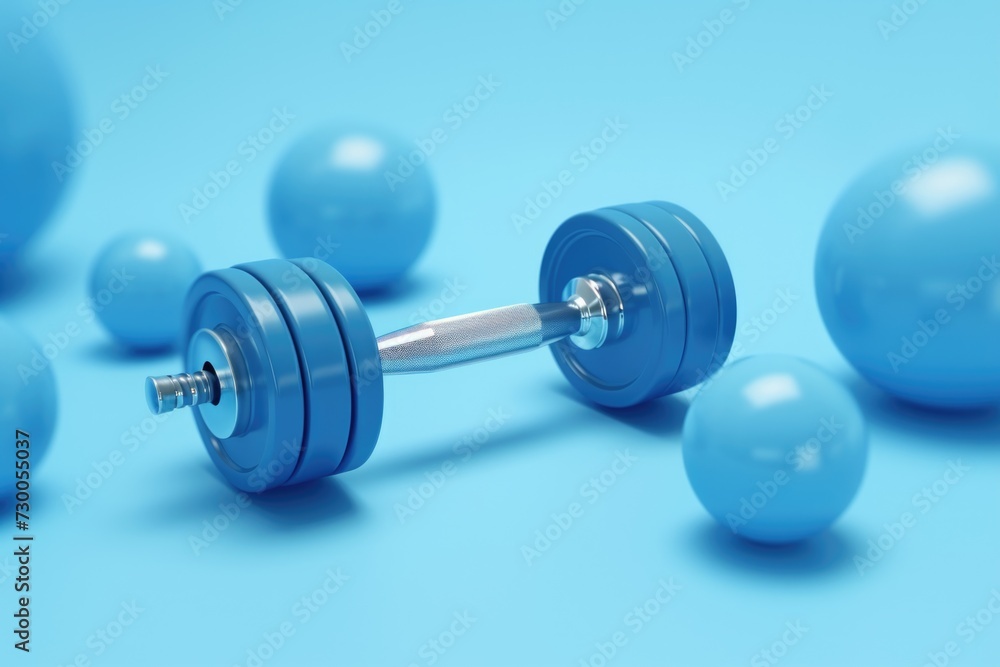 Poster a group of blue balls and a pair of dumbbells. suitable for fitness and exercise concepts
