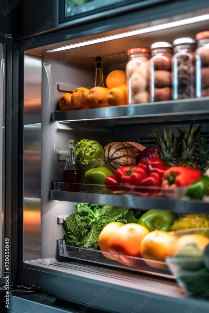 Poster A refrigerator filled with a wide assortment of different types of food. This image can be used to showcase a variety of food options and emphasize the abundance of choices available