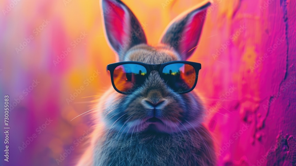 Poster a rabbit wearing sunglasses is pictured on a vibrant and colorful background. this image can be used