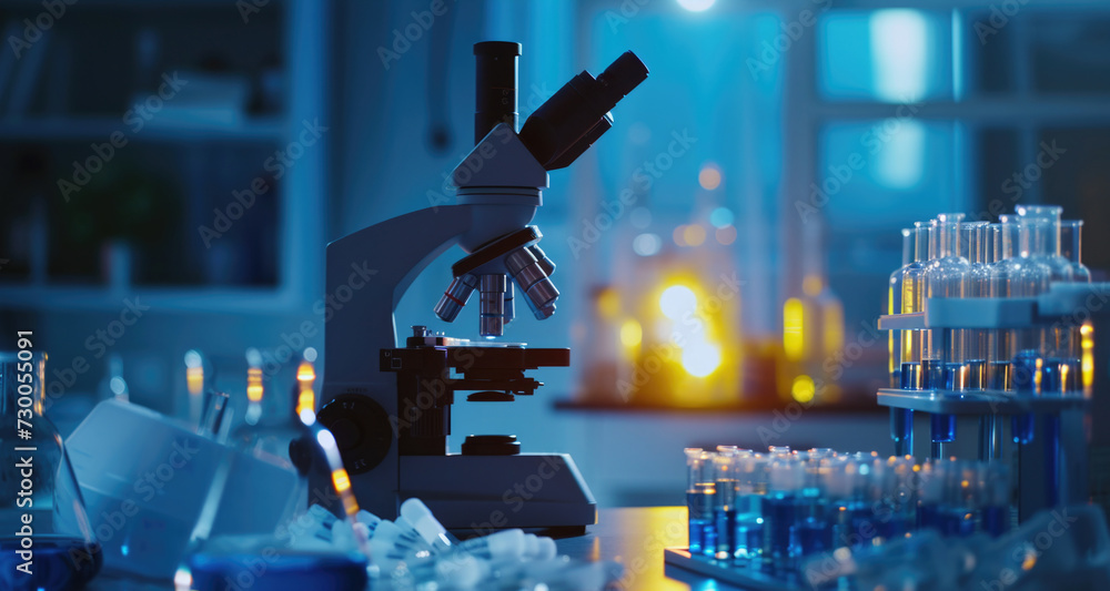 Poster a microscope sitting on a table in a laboratory. ideal for scientific research and educational purpo