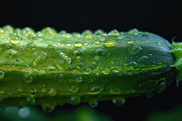 A detailed shot of a cucumber with water droplets on its surface. This image can be used to depict freshness, healthy eating, or organic produce