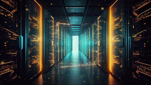 mainframe computer server, digital technology concept, in dark with lights