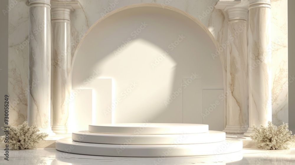Aufkleber a white pedestal stands in a room with columns. perfect for displaying artwork or decorative items.