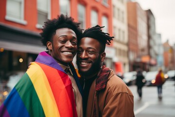 Same sex LGBT LGBTQ couple smiling on city street - obrazy, fototapety, plakaty
