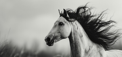 A black and white photo of a horse with long hair. Suitable for various uses