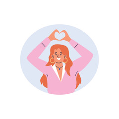 Smiling young woman joins hands above head in shape of heart