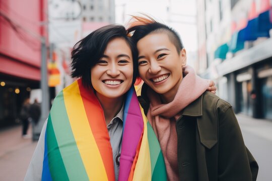Same sex LGBT LGBTQ couple smiling on city street