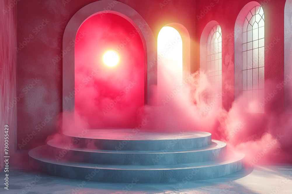 Poster 3d empty product display podium designed for presentations. a mysterious scene with pink fog filling