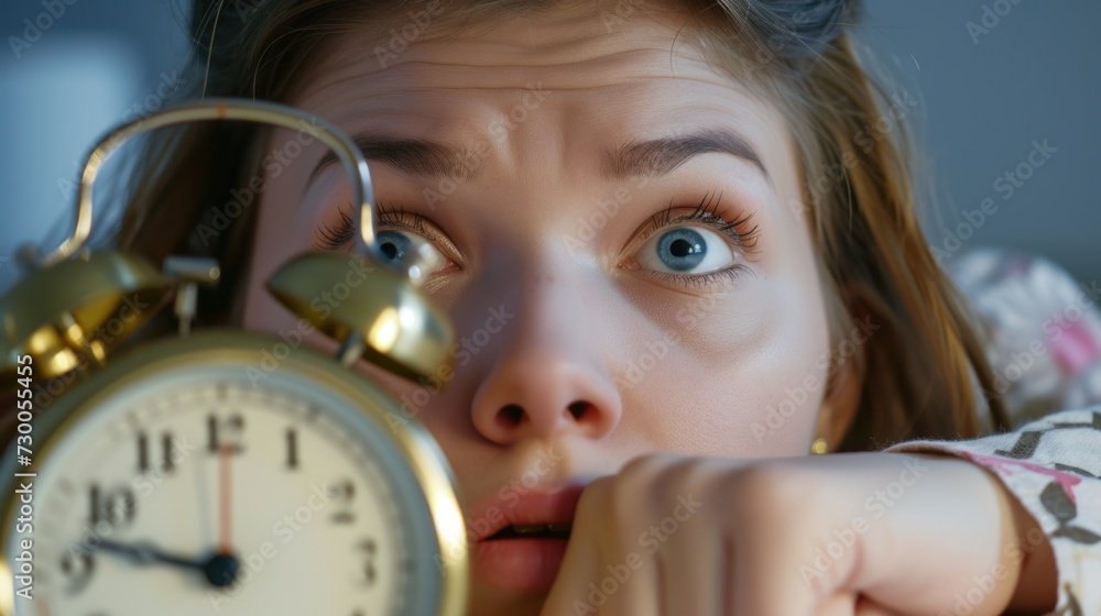 Poster a woman holding an alarm clock in front of her face. perfect for illustrating concepts of time manag