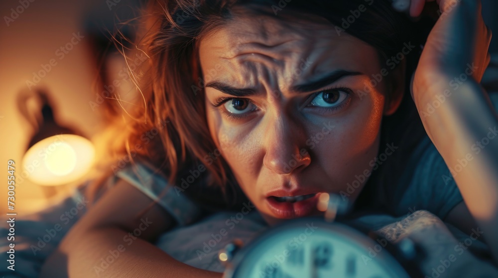 Poster a woman holding an alarm clock in her hand. perfect for illustrating time management and punctuality