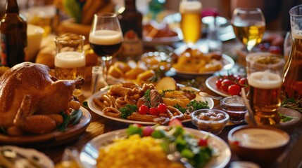 A table filled with plates of food and glasses of beer. Perfect for showcasing a delicious meal and a refreshing drink.