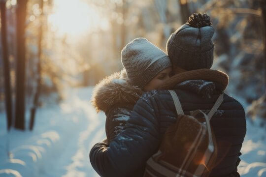 A picture of a couple standing together in the snow. This image can be used to depict love, winter activities, or romantic moments