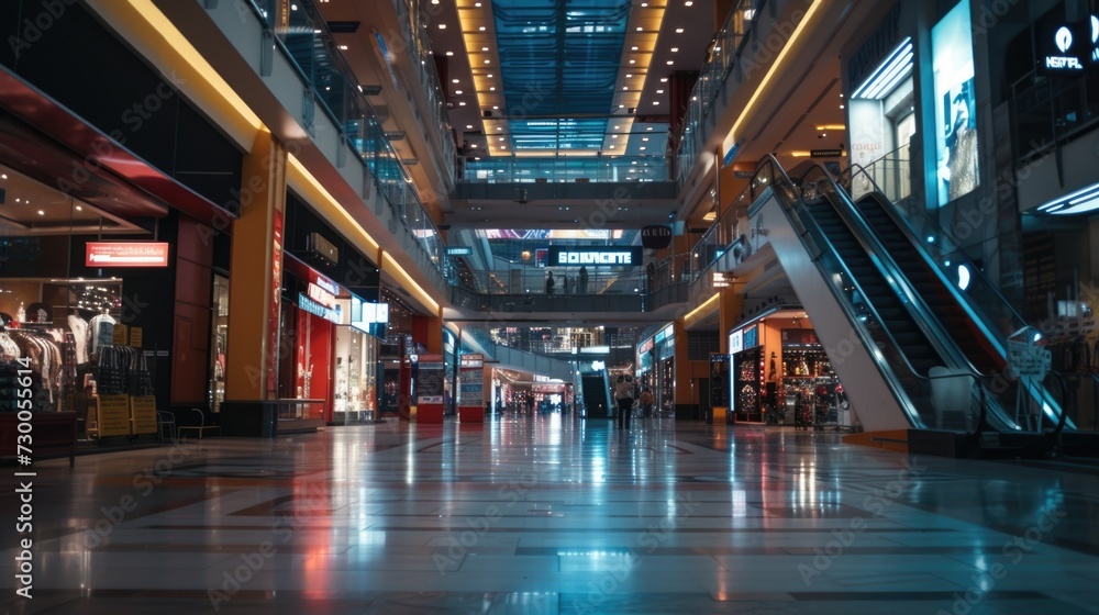 Aufkleber a picture of an empty shopping mall with multiple escalators.