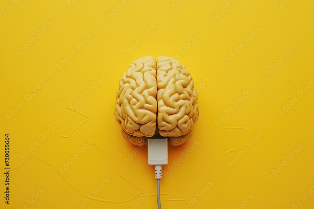 Poster a brain connected to a yellow wall. suitable for concepts related to technology, connectivity, and c