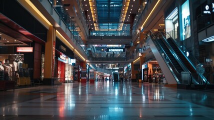 A picture of an empty shopping mall with multiple escalators.