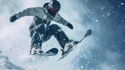 A man riding a snowboard down a snow covered slope. Perfect for winter sports and adventure themes