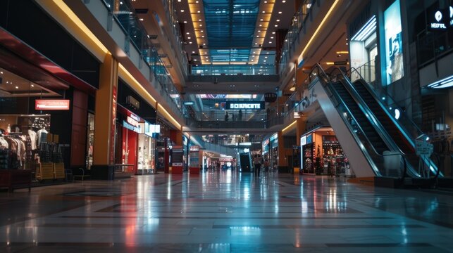 A picture of an empty shopping mall with multiple escalators.