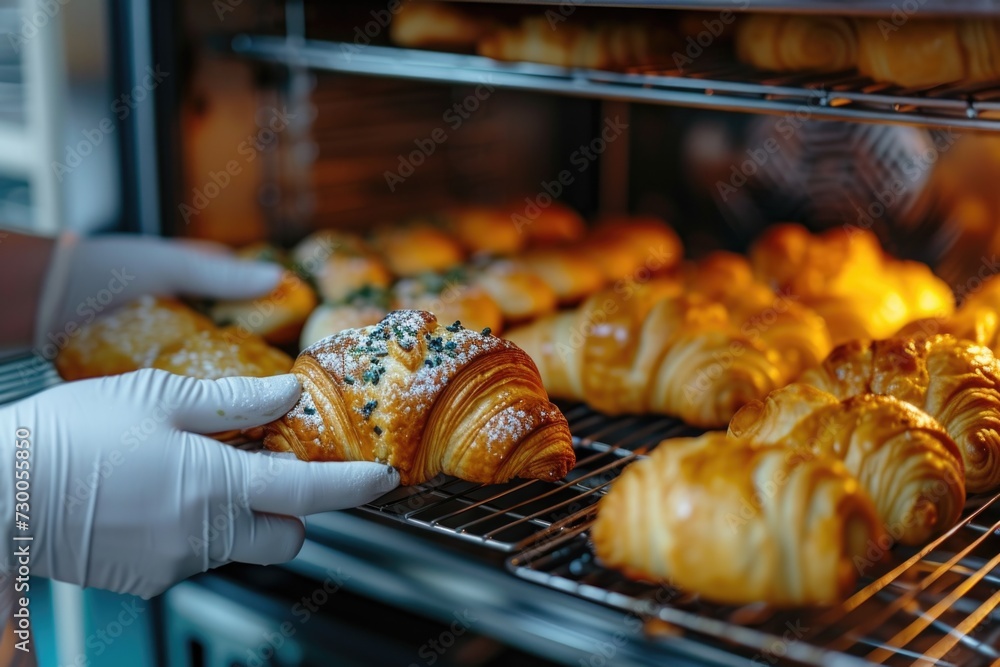 Poster a person is depicted holding a pastry with a white glove. this image can be used to showcase culinar
