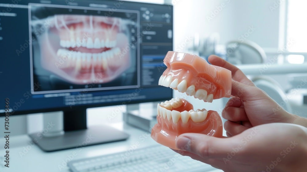 Leinwandbilder a person is seen holding a model of teeth in front of a computer. this image can be used to illustra