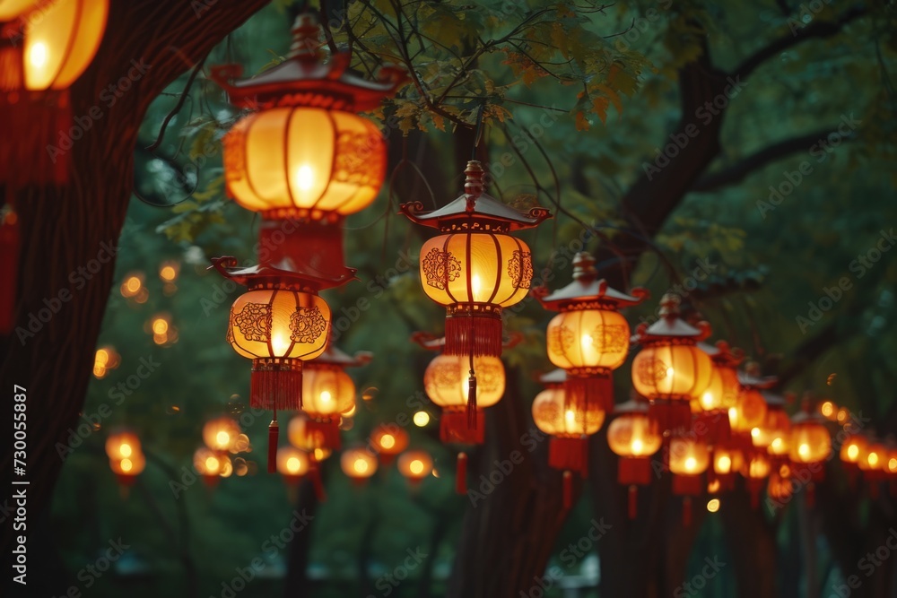 Poster A row of red lanterns hanging from a tree. Can be used to create a festive atmosphere or for decorations