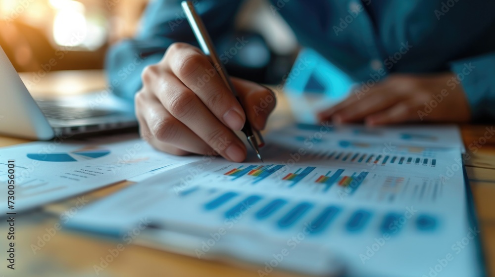 Poster a person sitting at a table with papers and a laptop. this image can be used to depict someone worki