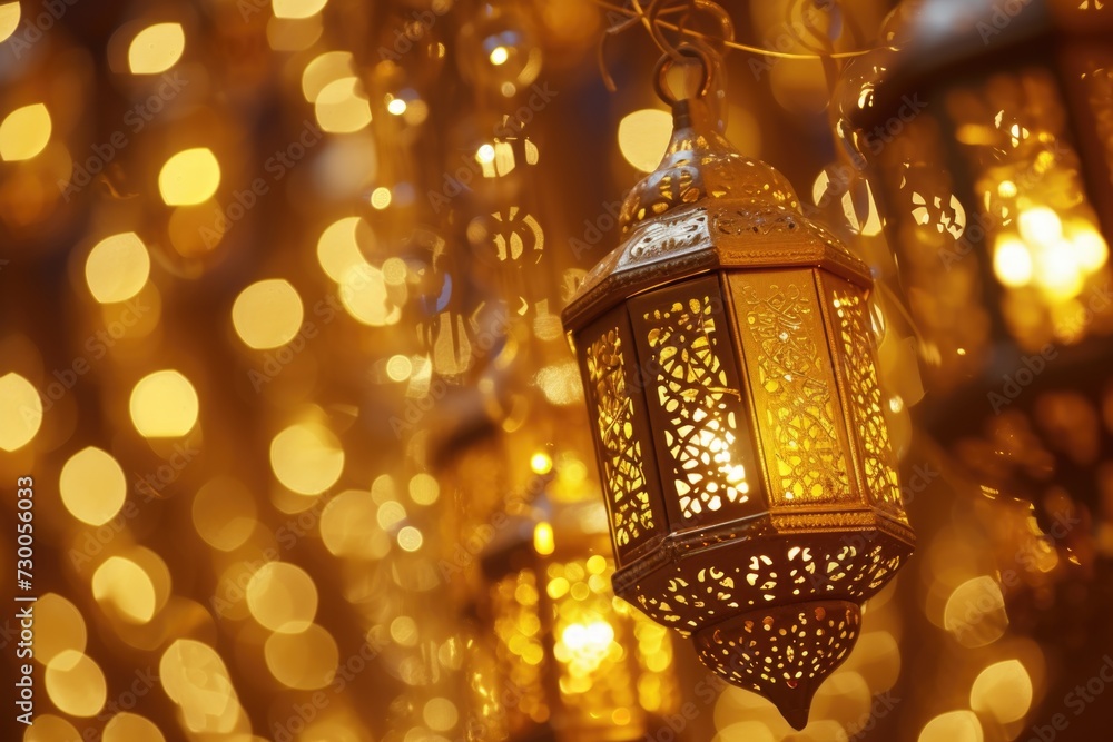 Poster A bunch of lights hanging from a ceiling. Can be used to add a festive touch to any event or create a cozy atmosphere in a room