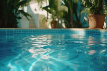 A close up view of a pool with a plant in the background. Ideal for showcasing outdoor swimming areas or garden landscapes