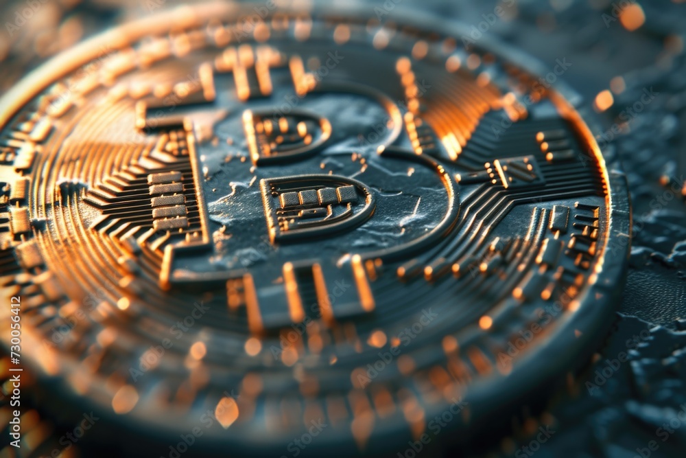 Poster A close-up view of a bitcoin cryptocurrency sitting on a table. Suitable for illustrating concepts related to digital currency and finance