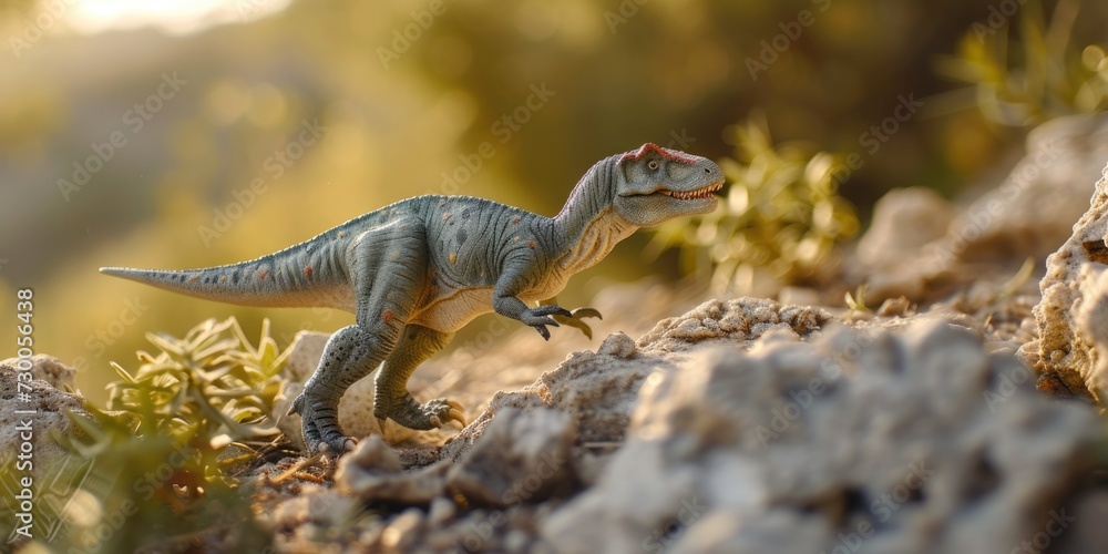 Poster a toy t-rex dinosaur walking on a rocky surface. this image can be used to depict prehistoric themes