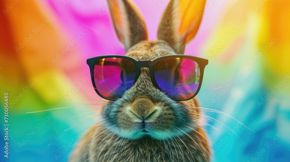 Poster A cute rabbit wearing sunglasses is pictured on a colorful background. This image can be used to add a playful touch to various designs and projects