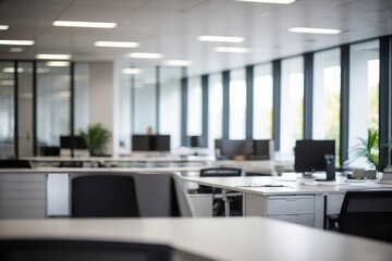 Modern Business  Office Ambiance Bokeh Interior with Distinct Workspaces, Blurred image modern  business Office