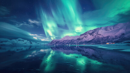 The dance of the Aurora Borealis in a kaleidoscope of colors over a peaceful snowy mountain range