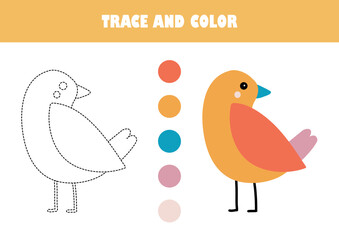 Trace and color for kids, bird vector illustration. Preschool education worksheet.
