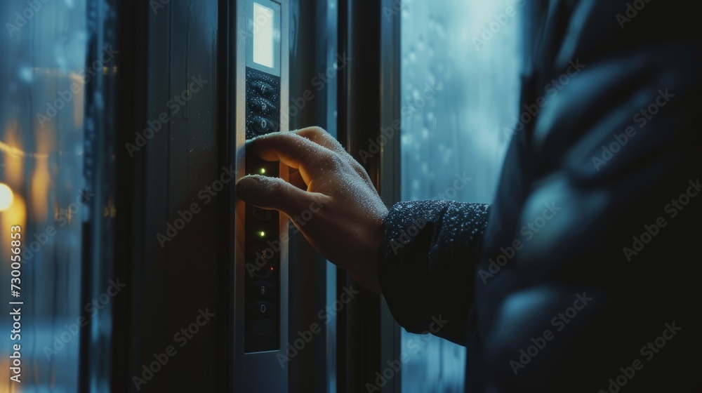 Poster A person's hand is pressing a button on a door. This image can be used to illustrate concepts such as access control, security systems, or entering a building