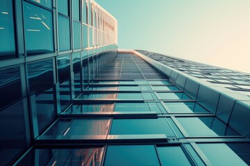 A picture of a tall building with numerous windows against a sky background. Suitable for architectural or urban concepts