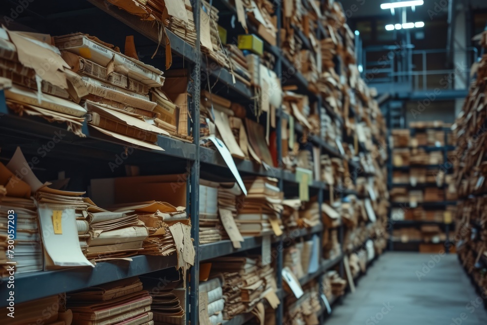 Poster A large warehouse filled with numerous boxes. This versatile image can be used to represent storage, logistics, inventory, or distribution