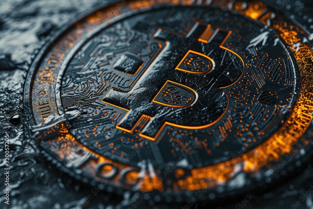 Poster A close up view of a bitcoin placed on a table. Suitable for illustrating cryptocurrency, finance, and digital currency concepts