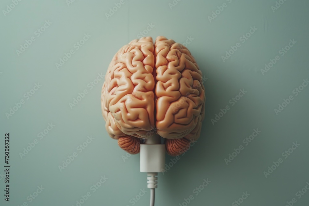 Poster A close-up view of a brain mounted on a wall. This image can be used to represent concepts related to neuroscience, psychology, or medical research
