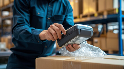a person in a blue work shirt is using a handheld barcode scanner on a package in a warehouse environment, suggesting activities related to inventory management or logistics. - obrazy, fototapety, plakaty