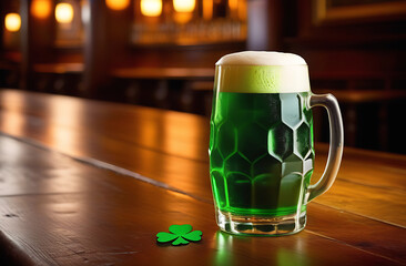 Glass mug of green beer on the wooden table in an Irish pub. St. Patrick's day concept.