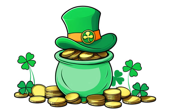 Green pot with gold coins, hat and shamrock on a white background. St. Patrick 's Day.