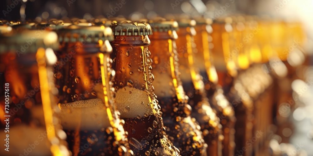 Poster row of beer bottles sitting on top of a table. suitable for beer promotions and advertisements