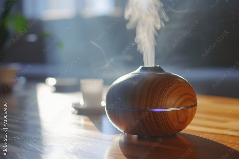 Poster a wooden diffuser placed on a wooden table. perfect for adding a natural touch to any space