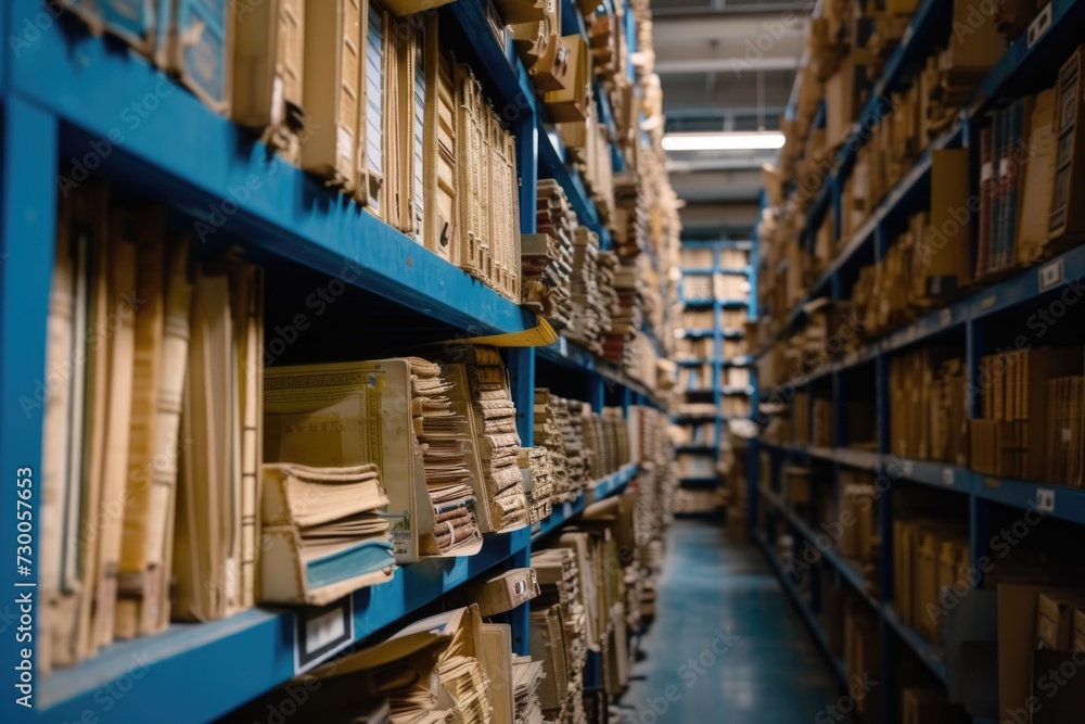 Poster a long narrow aisle filled with boxes on shelves. ideal for showcasing storage solutions or inventor